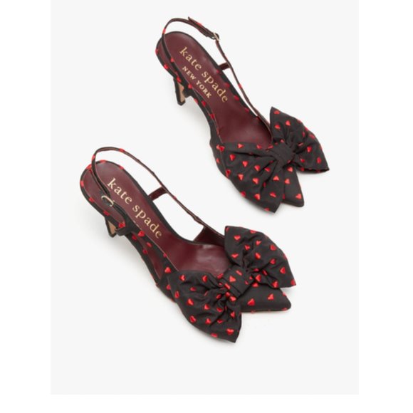 kate spade Sheela Slingback Pumps heels shoes black red heart bow size 6 nwot - Picture 4 of 13